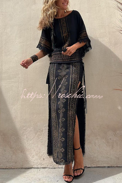 Alana Linen Blend Print Patchwork Side Lace-up Maxi Skirt