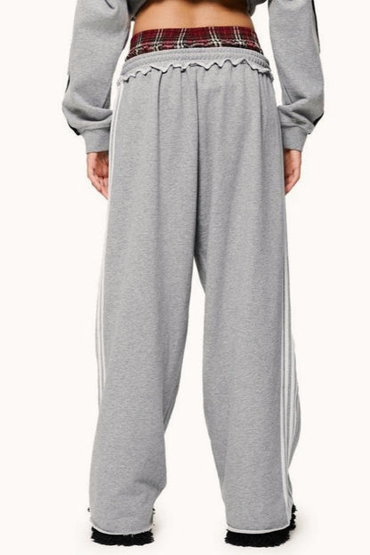 Stripe Embroidery Relaxed Double Waist Pants