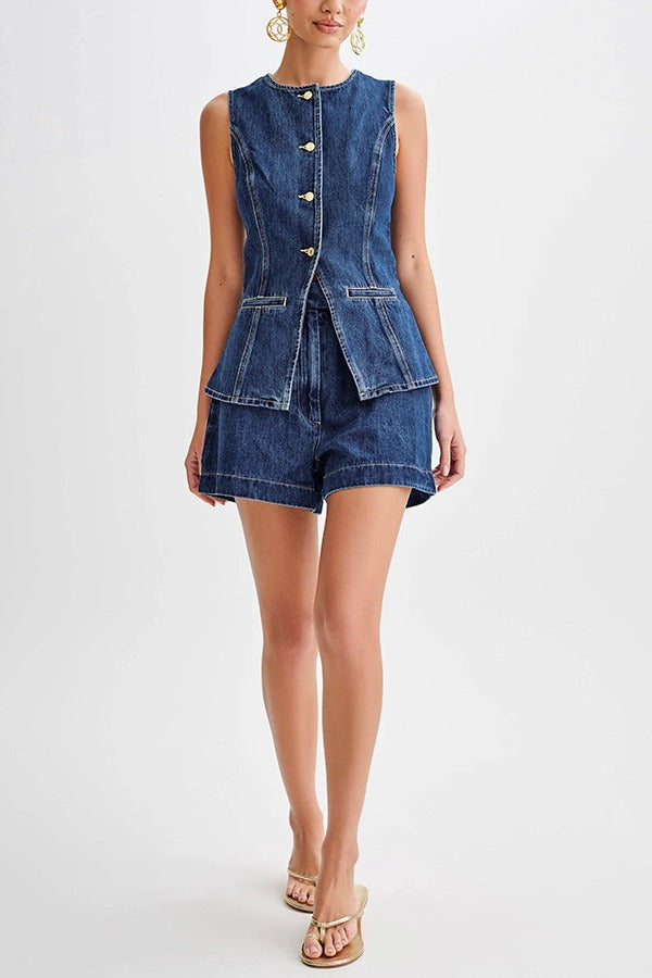 High Waist Vest Denim Shorts Set