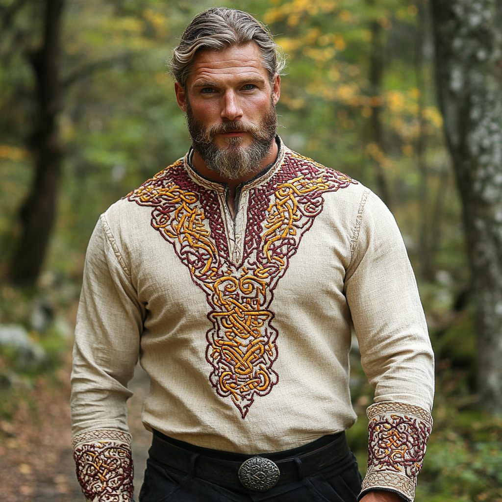 Men's Vintage Viking Celtic Embroidered V-neck Linen Blend Shirt elevenforest