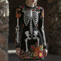 Women's Vintage Halloween Skeleton Bones  Flower Comfortable Elegant Sweater Dress elevenforest