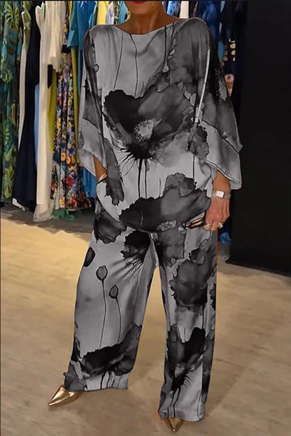 Satin Botanical Print Crew Neck Top and Elastic Waist Loose Pocket Pants Set