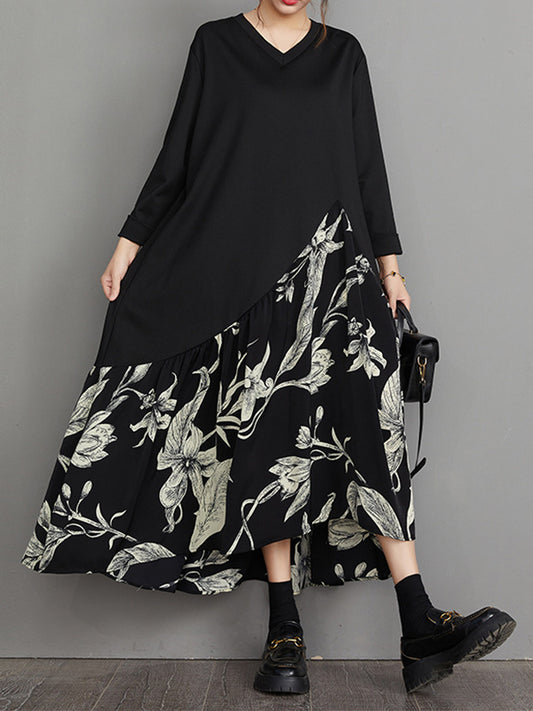 A-line High-low Asymmetric Flower Print Split-joint V-neck Midi Dresses