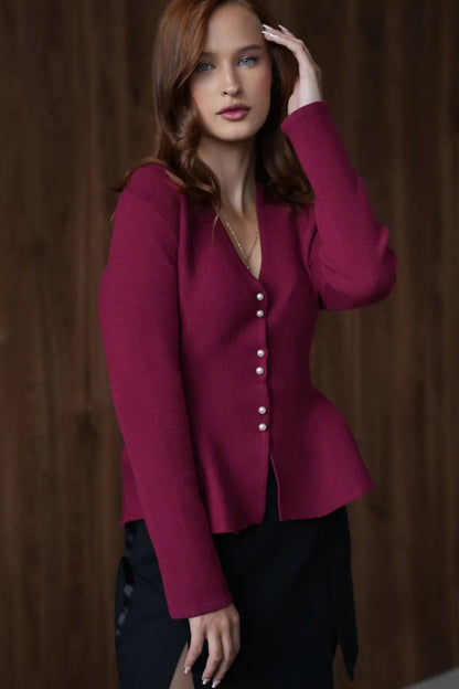Fitted Ruffled Hem Long Sleeve Knit Cardigan