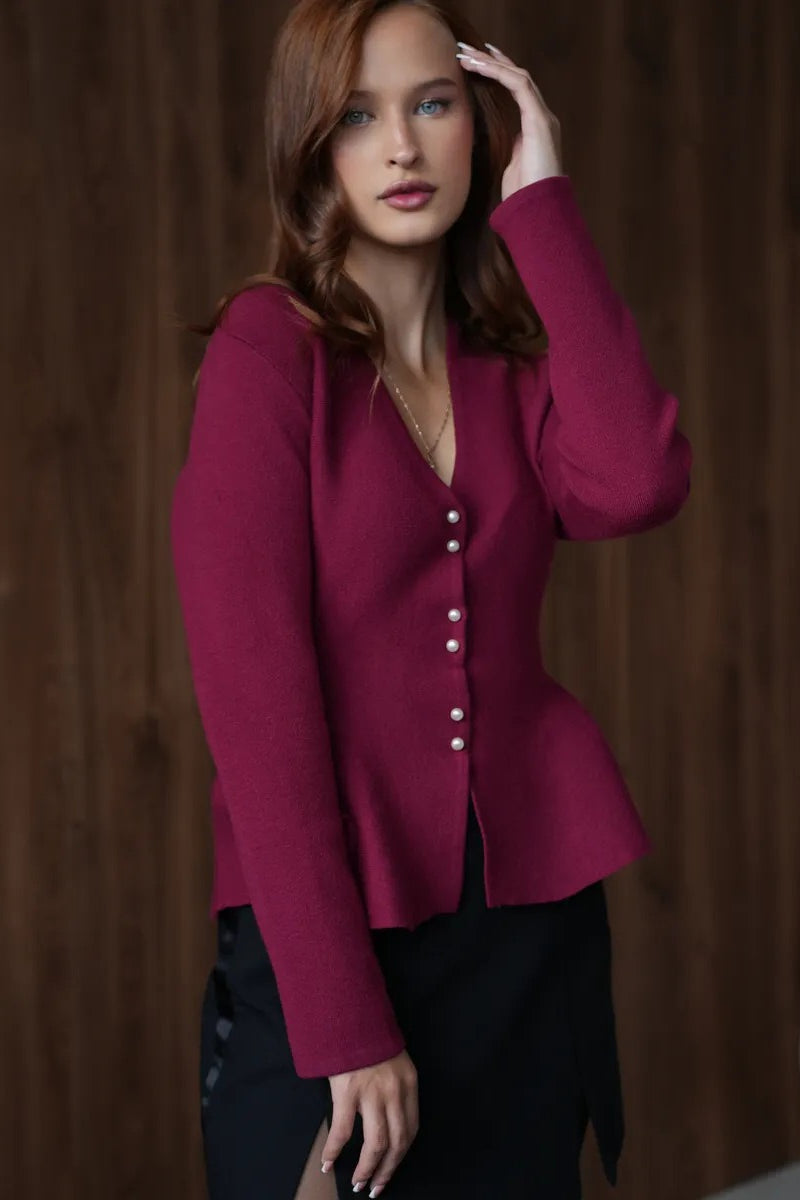 Fitted Ruffled Hem Long Sleeve Knit Cardigan