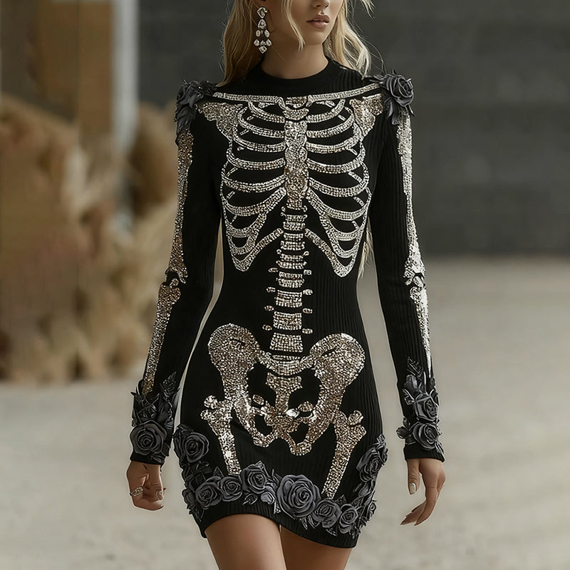 Women's Halloween Skeleton Bones With Glitter And Rose  Art Cozy Knit Mini Sweater Dress elevenforest
