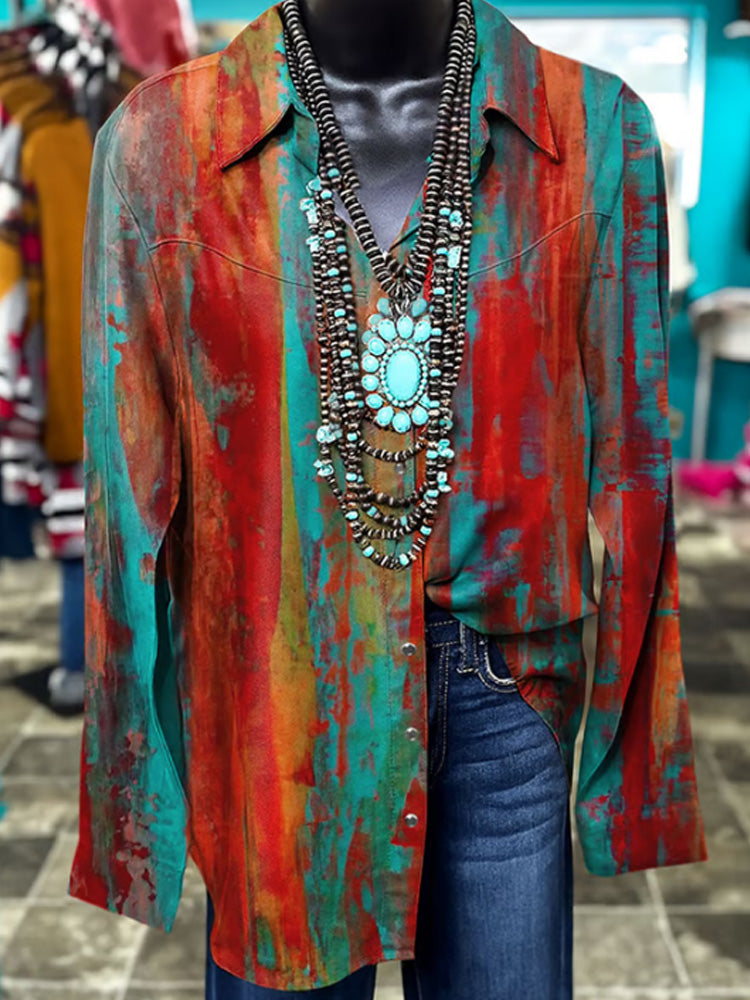 Women's Vintage Western Print Casual Long Sleeve Shirt elevenforest