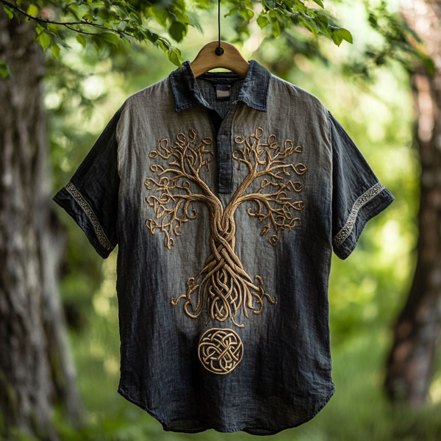 Men's Viking Tree Of Life Embroidery Pattern Lapel Shirt elevenforest
