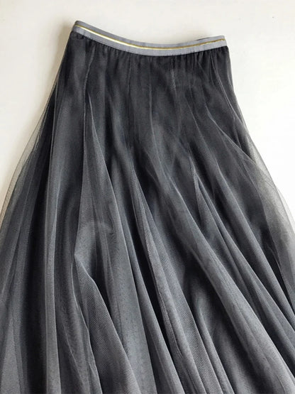 Summer Mesh Pleated Skirt High Waist a Line Tulle Skirts Long Maxi Tutu Skirt Holiday Beach Tulle Skirt