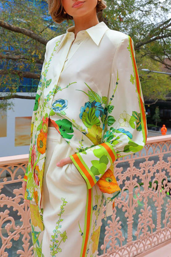 Antibes Satin Print Back Tie-up Button Down Oversized Blouse