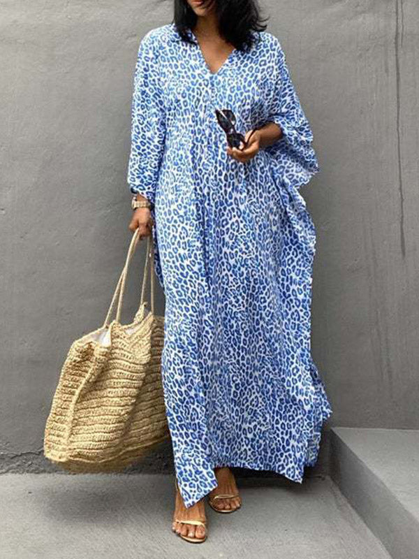 Batwing Sleeves Loose Leopard Split-side Sun Protection V-neck Cover-ups Swimwear Maxi Dresses