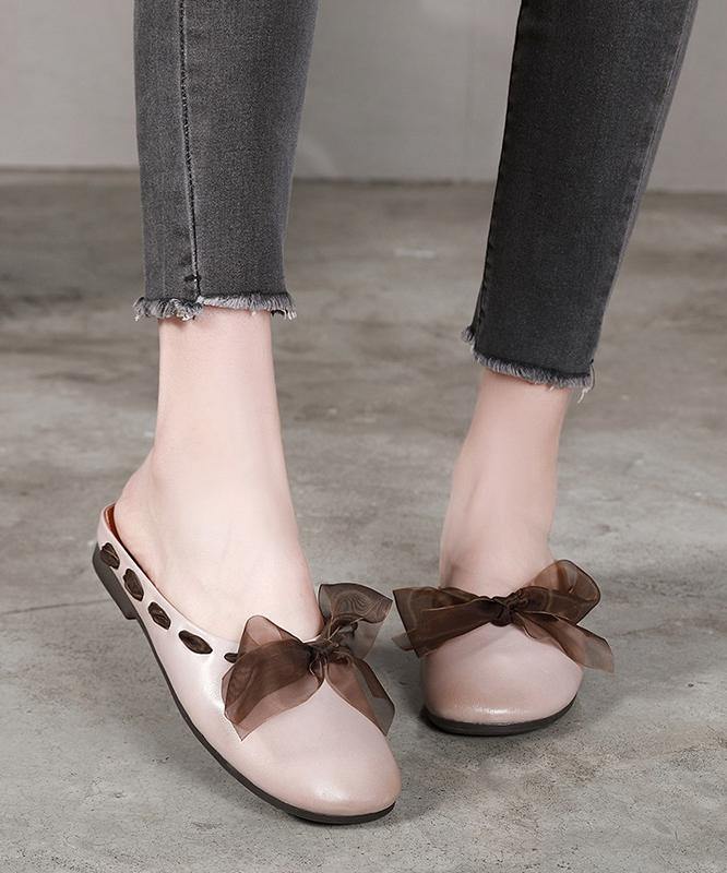 Lace Up Flat Shoes Brown Cowhide Leather Slippers