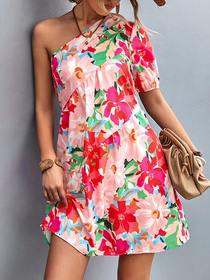 A-line Bishop Sleeve Flower Print Split-joint One-shoulder Mini Dresses