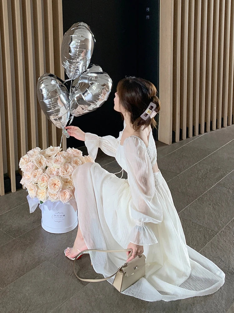 Long Sleeve Midi Dress Spring Summer New White Party Holiday Backless Prom Mixi Clothes Vestidos Robe