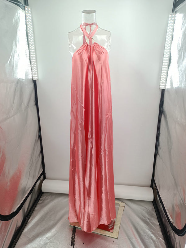 A-line Loose Backless Color Tied Halter-neck Maxi Dresses