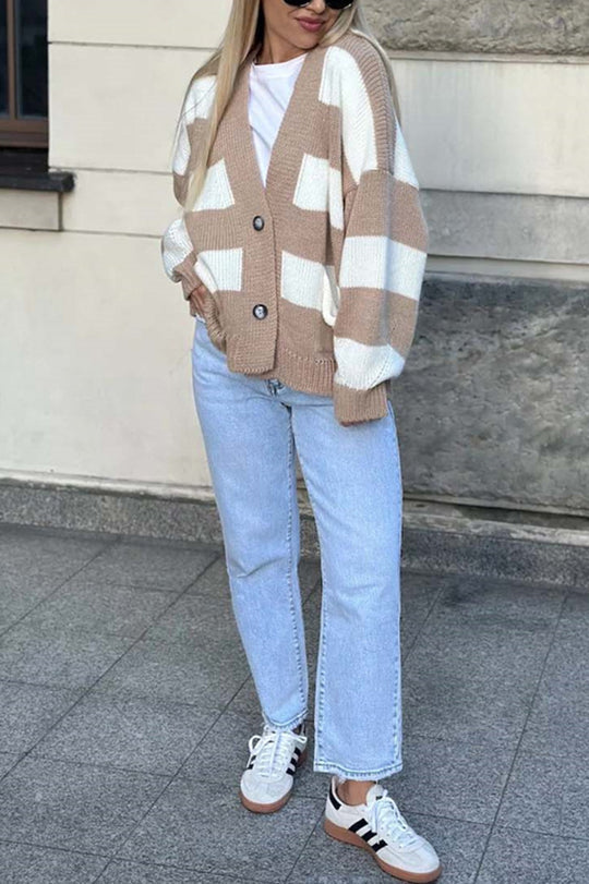 V-neck Long-sleeved Striped Pocket Knitted Cardigan