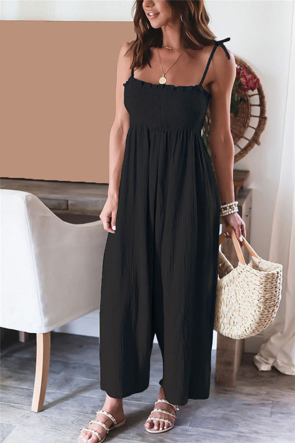 Color High Waist Linen Blend Suspender Pleated Jumpsuit