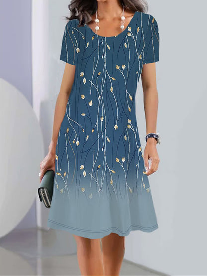 A-line Loose Flower Print Round-neck Mini Dresses