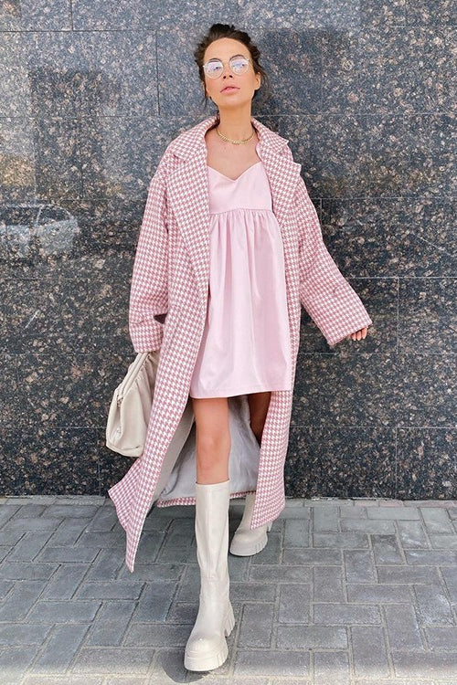 Houndstooth Long Trench Coat Overcoat