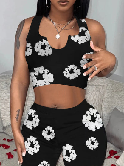 Cami Print Shorts Set Y2k Two Pieces Outfits Crop Top High Waist Shorts Clothes Sets