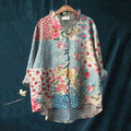 Vintage Floral Patchwork Pattern Art Linen Ruffle Shirt elevenforest