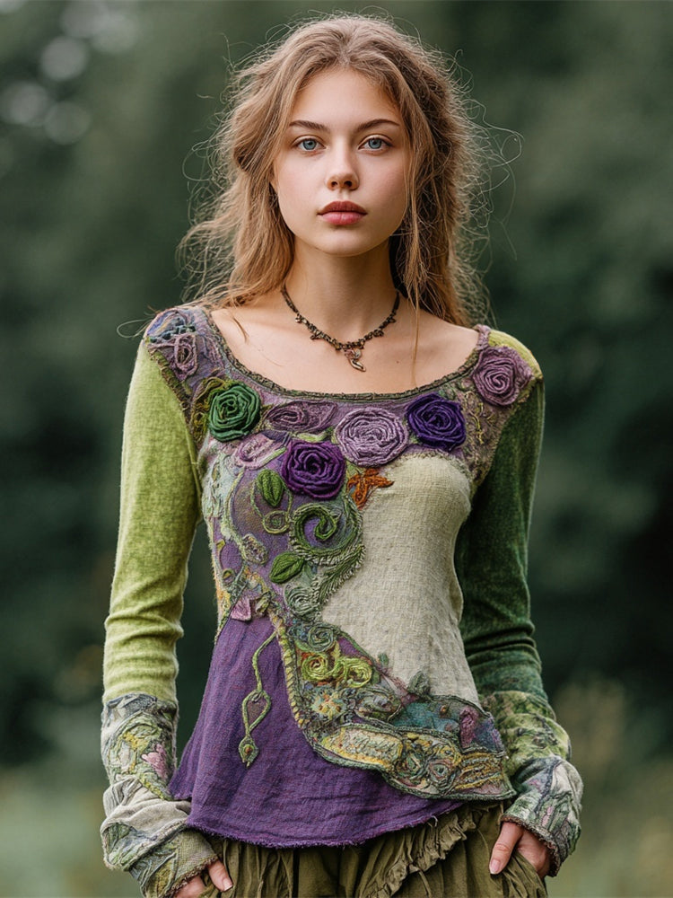 Vintage Gradient Rose Patchwork Art Women's Long Sleeve Shirt elevenforest