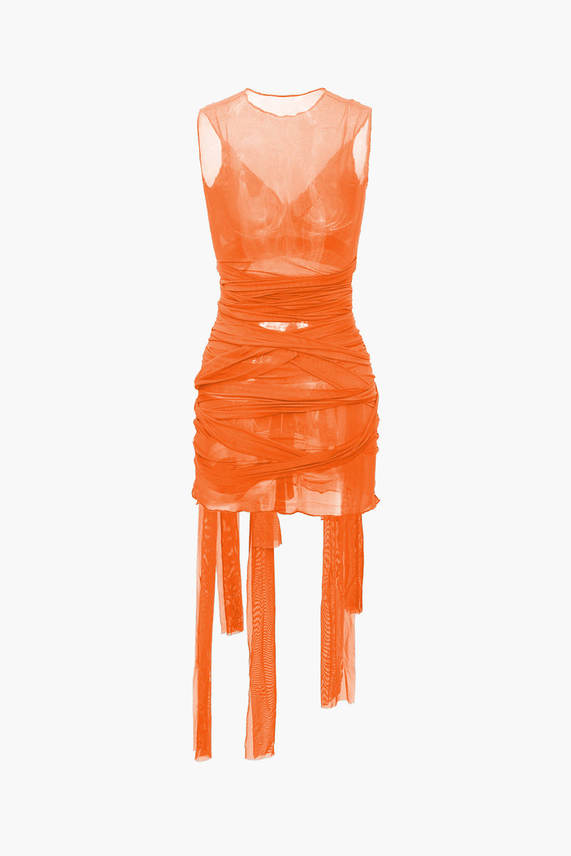 Color Sheer Mesh Wrap Tie Ribbon Mini Dress