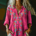 Women's Retro Ethnic Floral Print Casual Cotton And Linen Shirt elevenforest