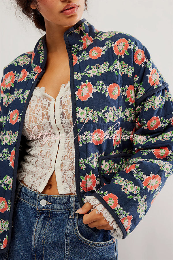 Print Pocket Contrast Concealed Button Cotton Coat