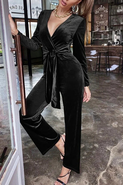 Color Velvet Deep V Belt Slim Jumpsuit