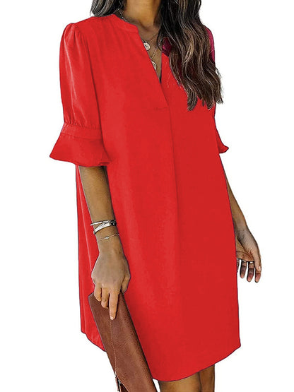 A-line Flared Sleeves Pleated Ruffled Color Split-joint V-neck Mini Dresses