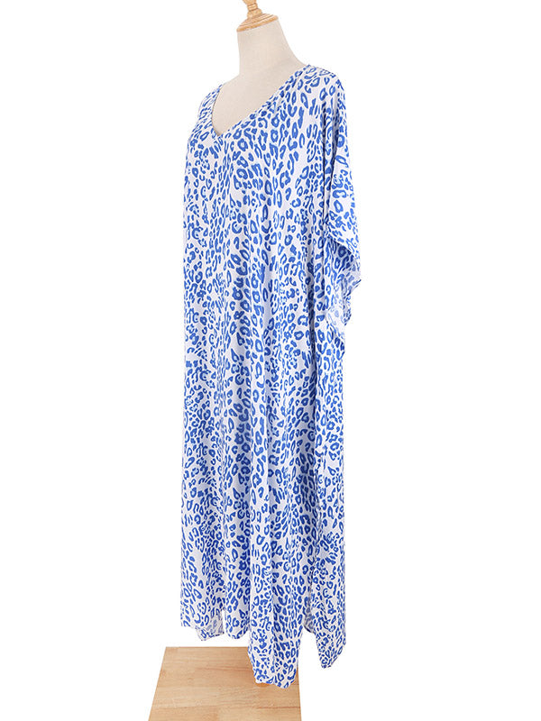 Batwing Sleeves Loose Leopard Split-side Sun Protection V-neck Cover-ups Swimwear Maxi Dresses