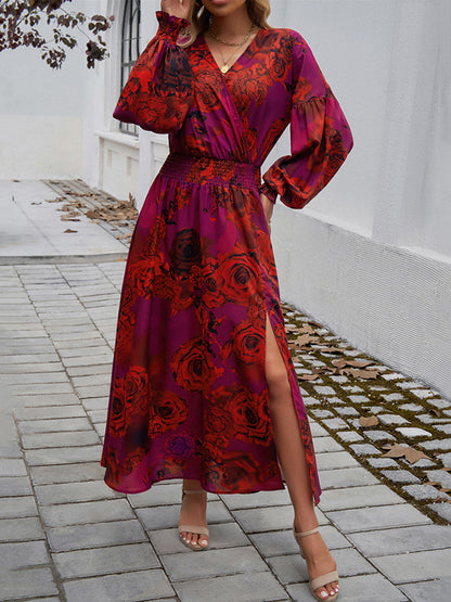 A-line High Waisted Elasticity Flower Print No Belt Split-side V-neck Maxi Dresses