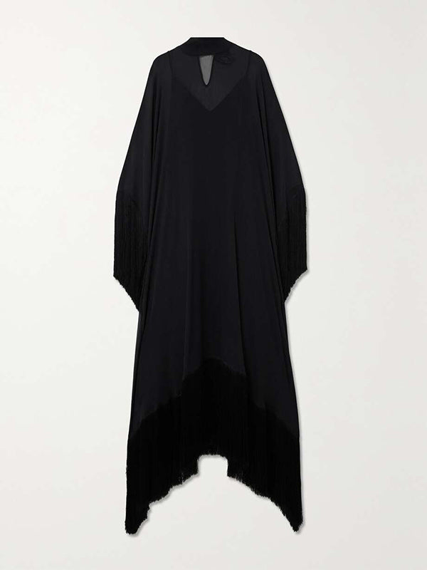 Batwing Sleeves Loose See-through Color Tasseled Mock Neck Maxi Dresses