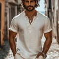 Men's Casual Floral Embroidered Cotton And Linen V-neck Shirt elevenforest