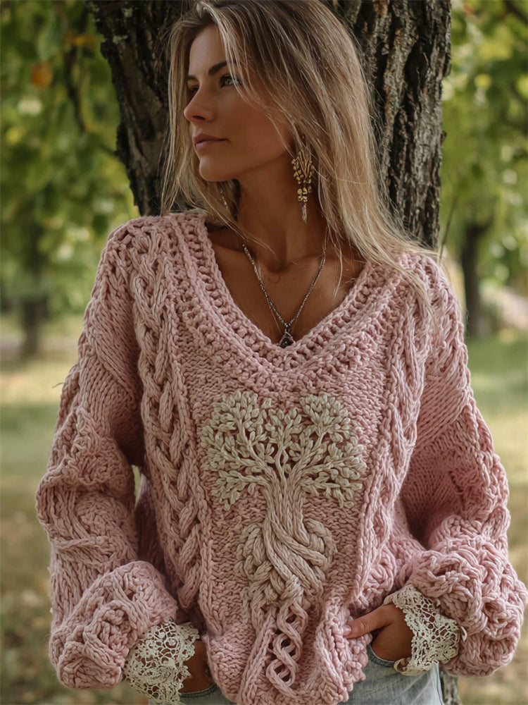 Vintage Pink Tree Of Life V Neck Cozy Cable Knit Sweater elevenforest