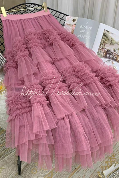 Mood Tulle Pleated Ruffle Elastic Waist Tiered Midi Skirt