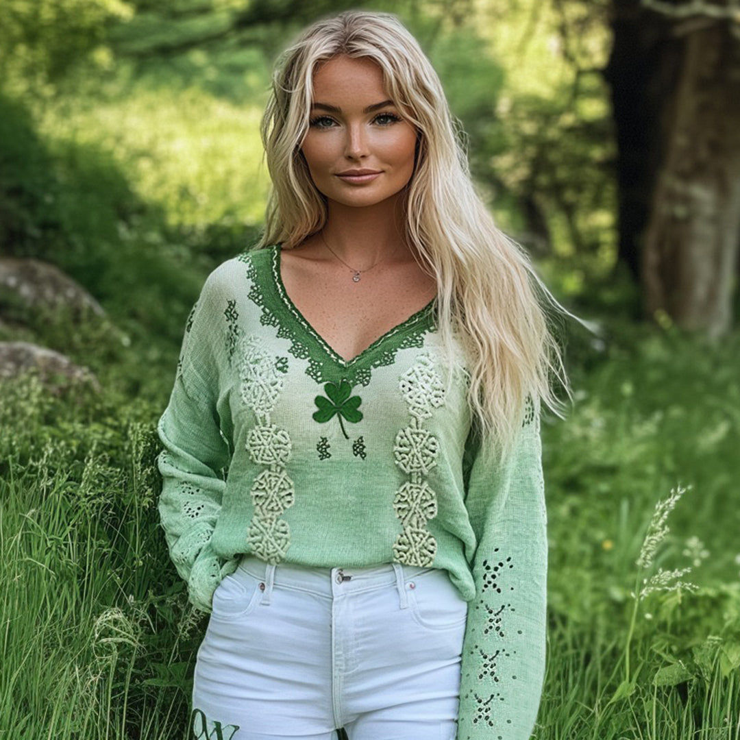 Women's St. Patrick's Shamrock Celtic Knot Blend Linen V-neck Shirt elevenforest