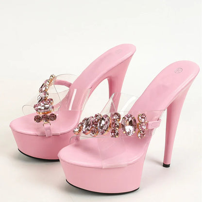 Summer Pink Diamond Chain Platform Stripper Heels Transparent Sandal ’s Sandal