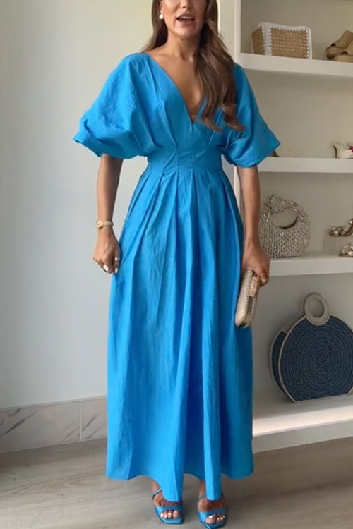 V Neck High Waist Ruched Swing Maxi Dress