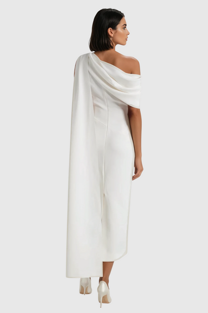 Candidus Shawl Ruch Asymmetric Midi Dress in White
