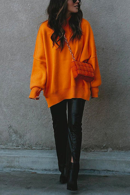 Crewneck Side Split Ribbed Knit Sweater