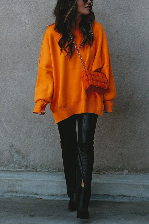 Crewneck Side Split Ribbed Knit Sweater