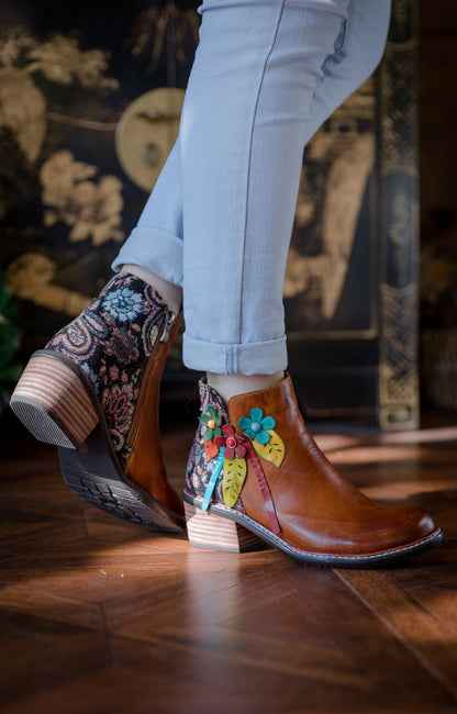Soffia | Petal Applique Leather Ankle Boot