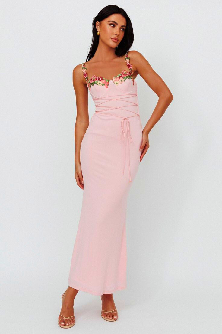 Brenda Embroidered Lace-up Midi Dress