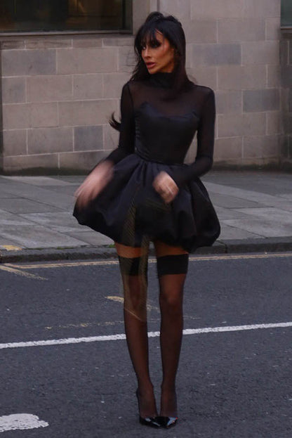 Winter Mesh Sheer Slim Fit Puff Mini Dress