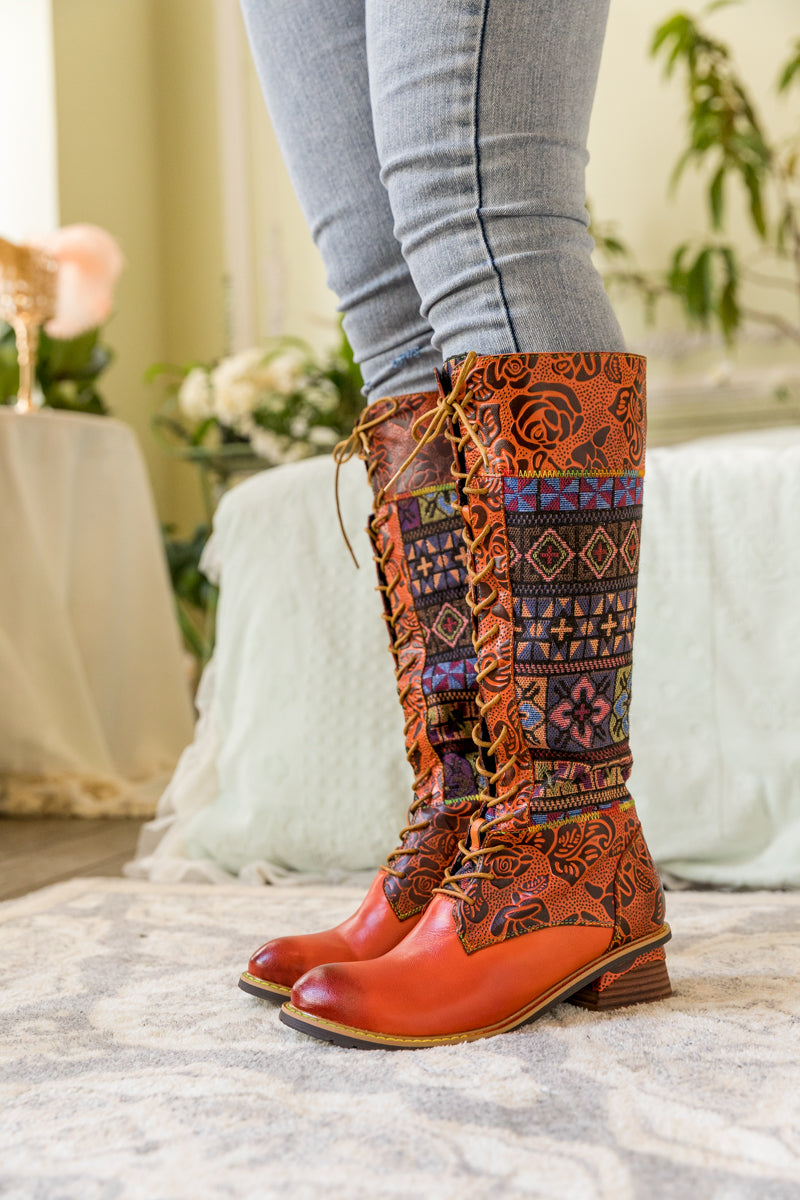 Soffia | Geometry Patchwork Embossed Leather Knee High Boot