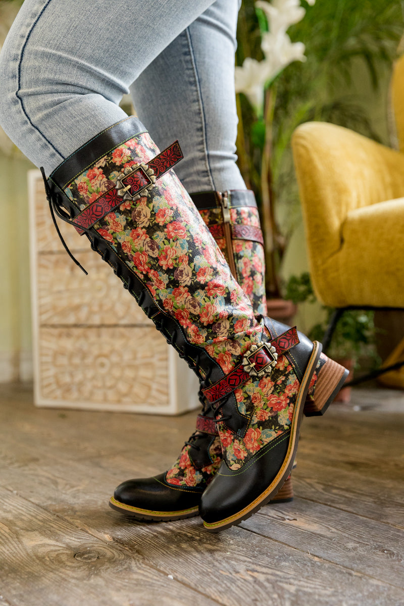 Soffia | Blooming Tie-accent Leather Knee High Boot