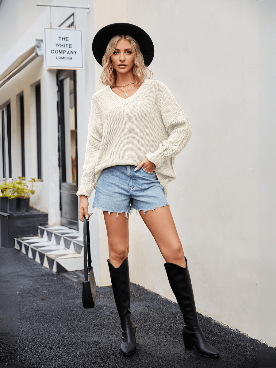 Hughes Heart Neck Knit Sweater - Beige