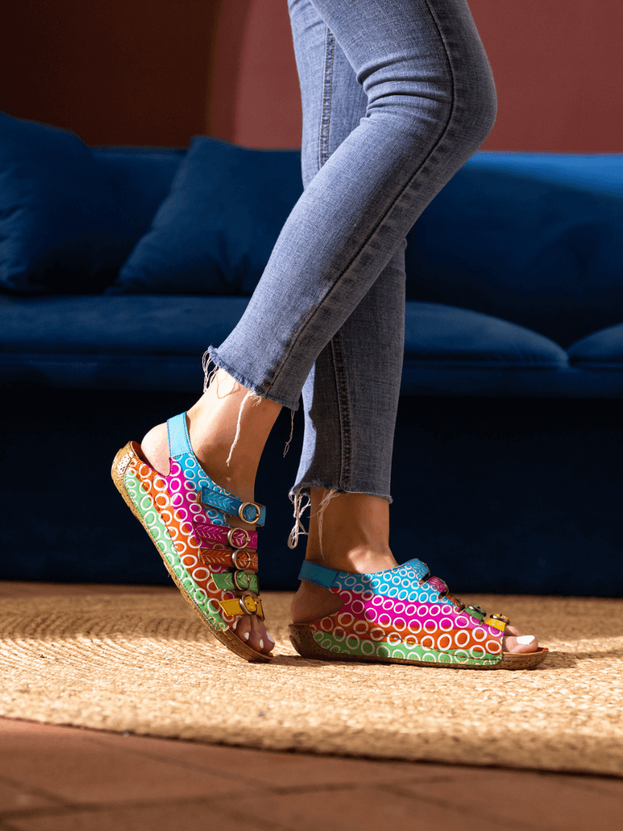 Soffia | Rainbow Strap Bubble Pattern Leather Sandal
